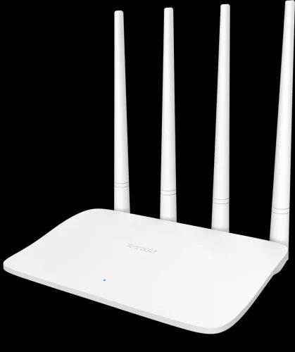 Tenda F6 N300 Wi-Fi router in white with its four fixed antennas raised, photographed against black