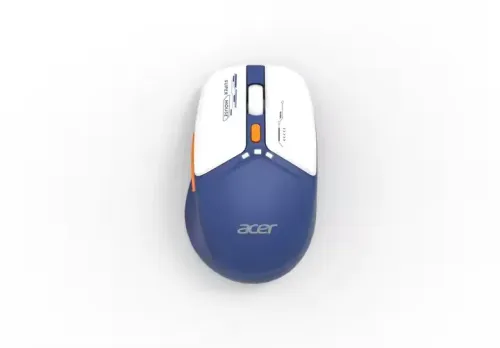 Acer OMR940 wireless mouse in blue and white, seen from directly above on a white background