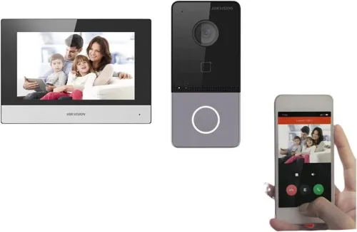 Hikvision DS-KIS603-P(B) intercom kit: the indoor touchscreen monitor, the outdoor door station and the app running on a phone
