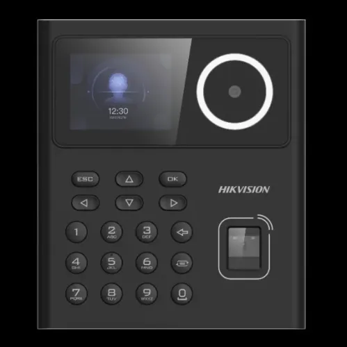Hikvision DS-K1T320MFWX face-recognition access terminal in black, showing the camera, screen, keypad and fingerprint reader
