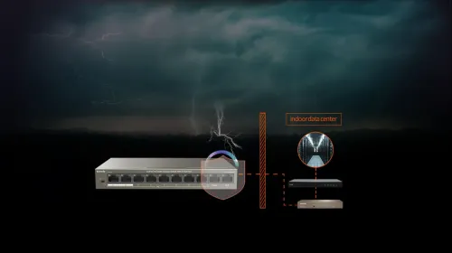 Tenda TEF1110P-8-63W ten-port PoE switch in black, lit dramatically against a dark background
