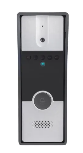 Hikvision DS-KIS203 outdoor door station in dark grey and silver, showing the camera, indicator and call button