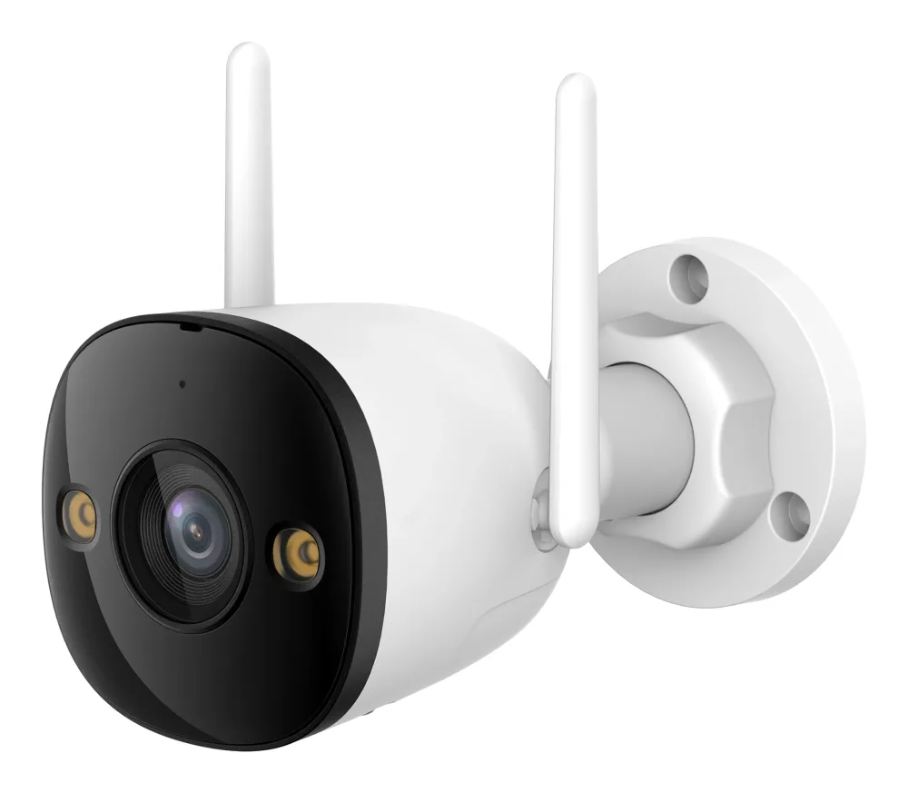 IMOU Bullet 2E outdoor bullet camera in white with dual antennas and a spotlight, on its wall mount