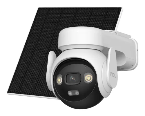IMOU AOV PT solar security camera in white mounted beside its black solar panel