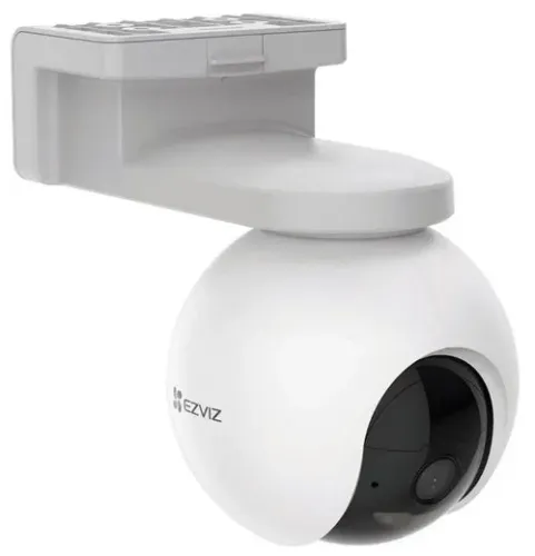 EZVIZ HB8 battery-powered pan-and-tilt camera in white on its wall bracket, front view