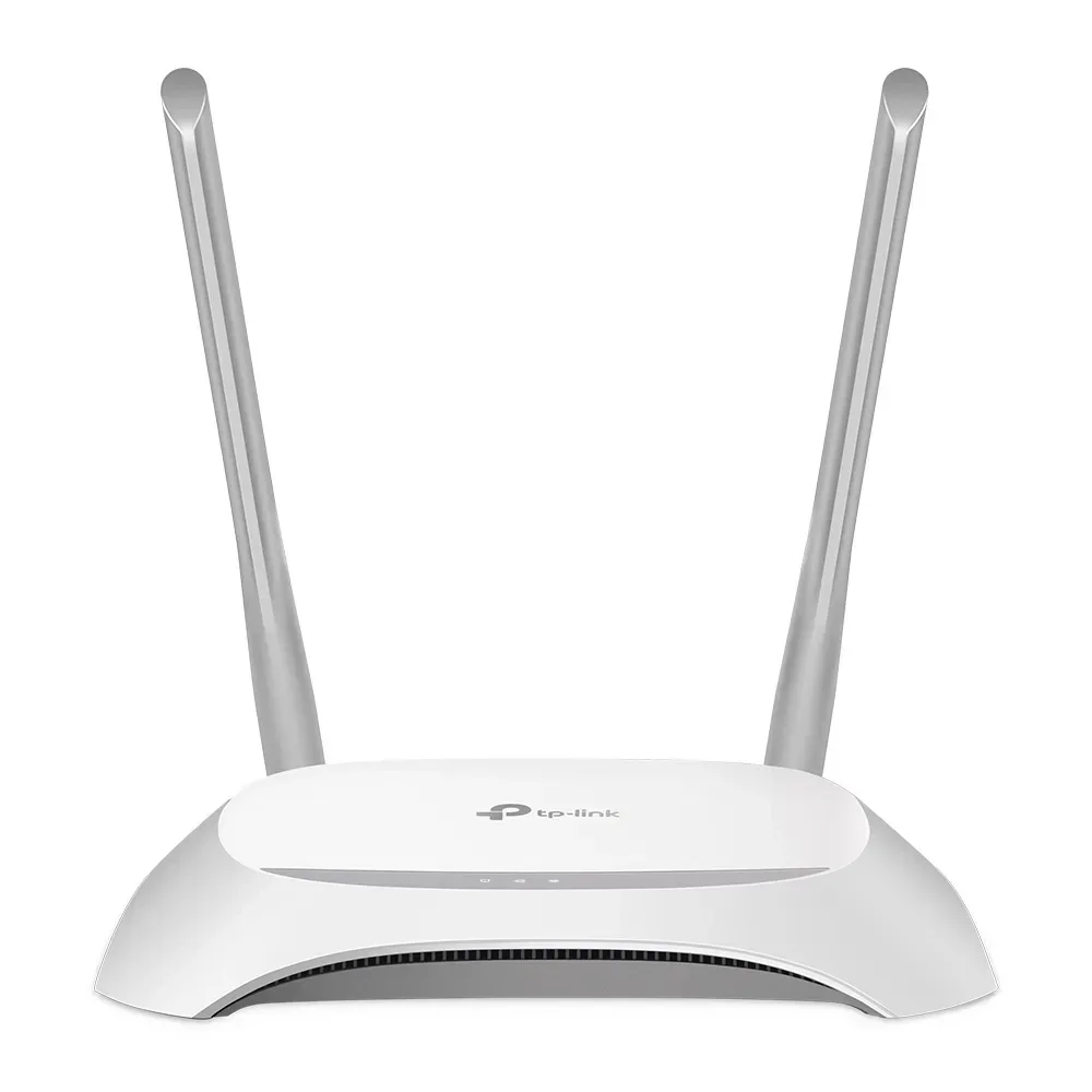 TP-Link TL-WR840N 300Mbps wireless N router in white with both antennas raised, front three-quarter view on white