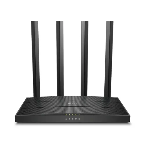 TP-Link Archer C6 dual-band router in black with its four external antennas raised, front three-quarter view on white