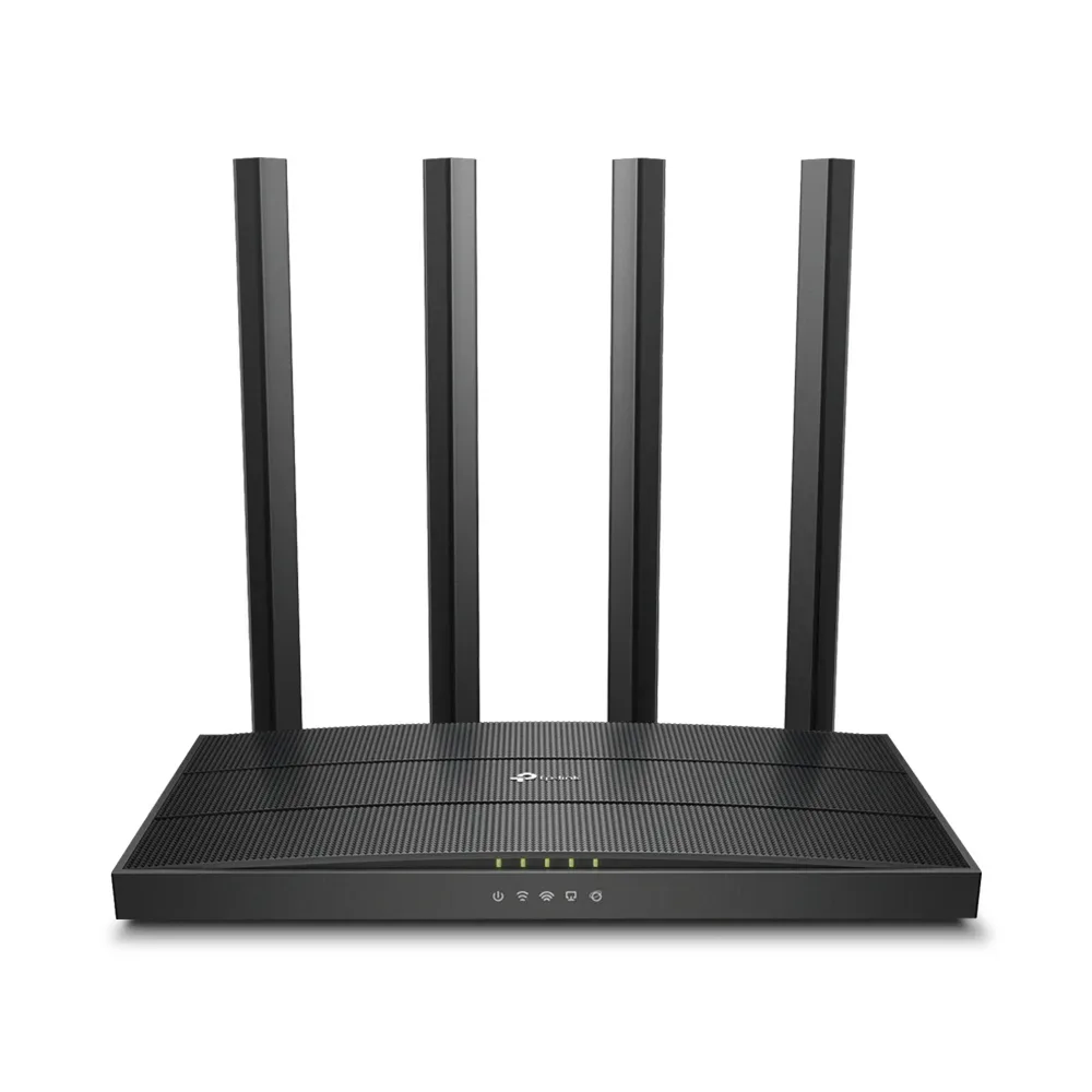 TP-Link Archer C6 dual-band router in black with its four external antennas raised, front three-quarter view on white