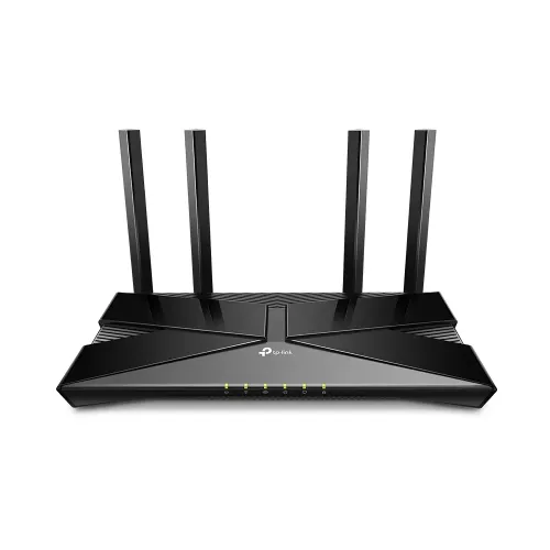 TP-Link Archer AX10 Wi-Fi 6 router in black with its four antennas raised, front three-quarter view on white