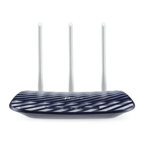 TP-Link Archer C20 AC750 dual-band Wi-Fi router with three external antennas, front three-quarter view on white