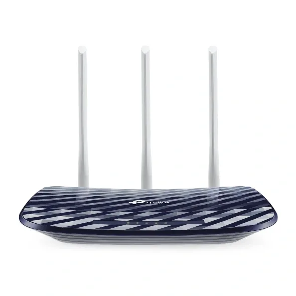 TP-Link Archer C20 AC750 dual-band Wi-Fi router with three external antennas, front three-quarter view on white