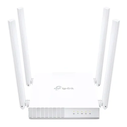 TP-Link Archer C24 AC750 dual-band Wi-Fi router in white with four external antennas, front view on white