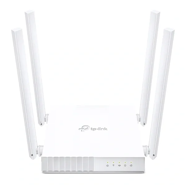 TP-Link Archer C24 AC750 dual-band Wi-Fi router in white with four external antennas, front view on white