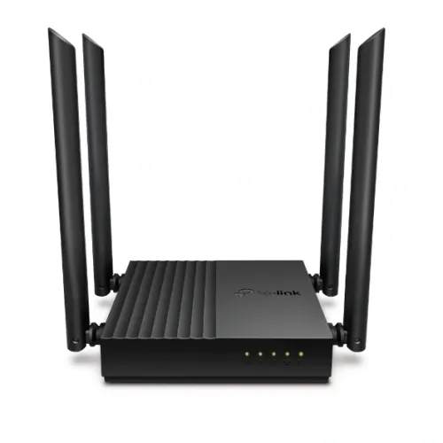 TP-Link Archer C64 AC1200 wireless MU-MIMO router in black with four external antennas, front three-quarter view on white