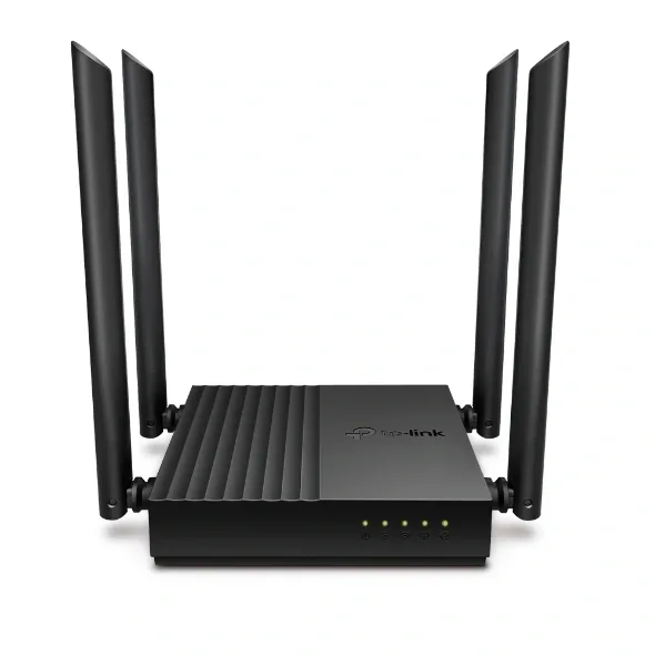 TP-Link Archer C64 AC1200 wireless MU-MIMO router in black with four external antennas, front three-quarter view on white