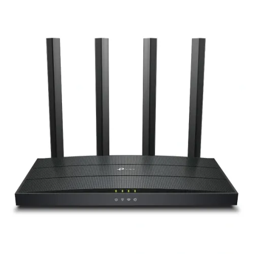 TP-Link Archer AX12 AX1500 Wi-Fi 6 router in black with four external antennas, front three-quarter view on white