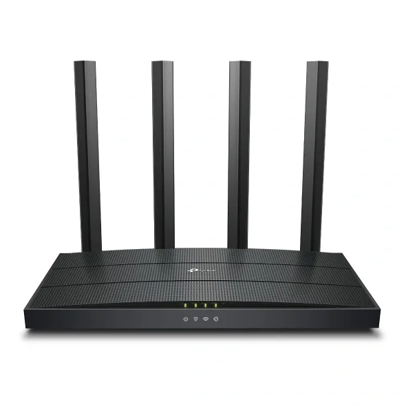 TP-Link Archer AX12 AX1500 Wi-Fi 6 router in black with four external antennas, front three-quarter view on white