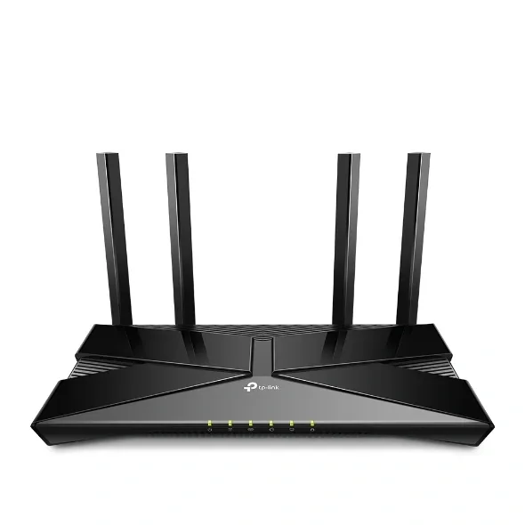 TP-Link Archer AX53 AX3000 dual-band Wi-Fi 6 router in black with four external antennas, front three-quarter view on white