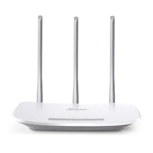 TP-Link TL-WR845N 300Mbps wireless N router in white with three fixed antennas, front three-quarter view on white
