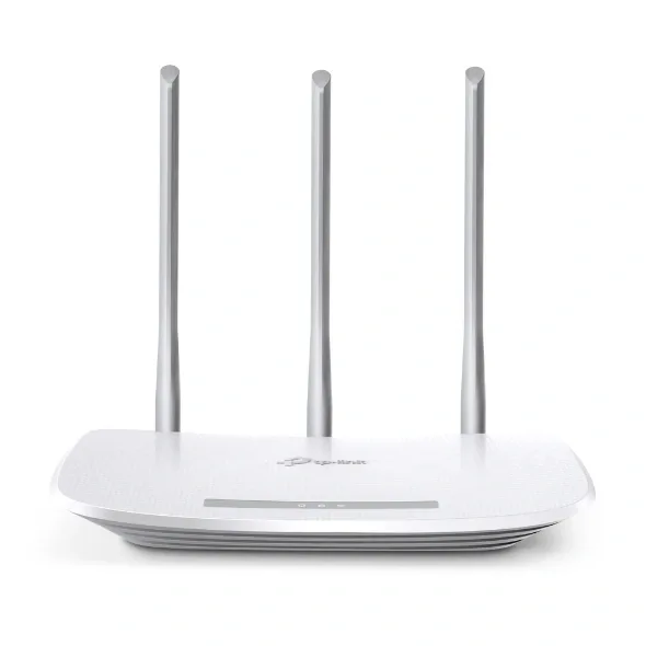 TP-Link TL-WR845N 300Mbps wireless N router in white with three fixed antennas, front three-quarter view on white