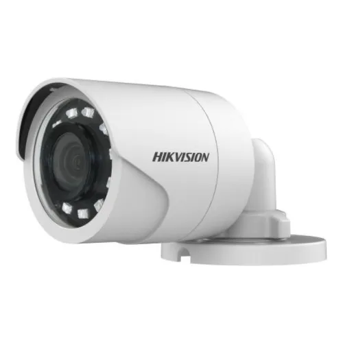 Hikvision DS-2CE16D0T-IRF 2MP HD analogue bullet camera in white, showing the EXIR infrared array around the lens and the wall-mount bracket