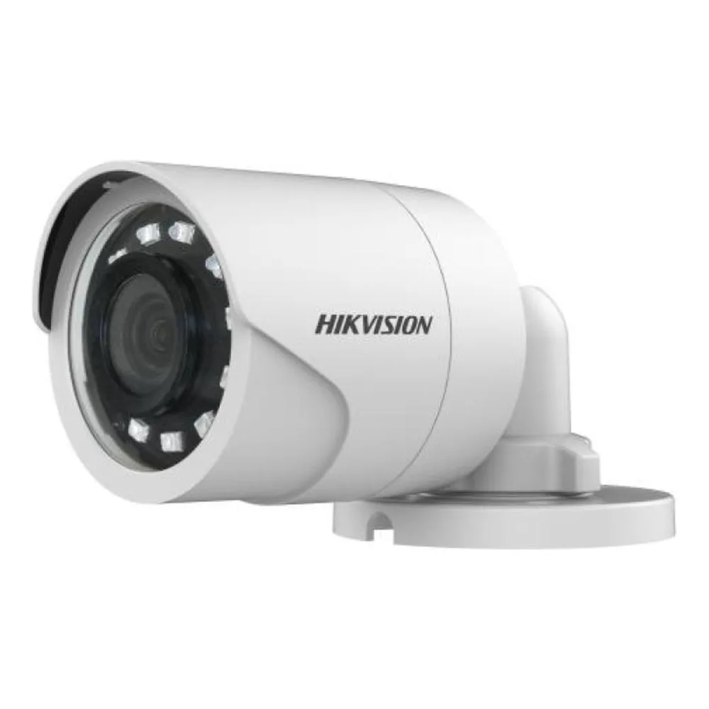 Hikvision DS-2CE16D0T-IRF 2MP HD analogue bullet camera in white, showing the EXIR infrared array around the lens and the wall-mount bracket