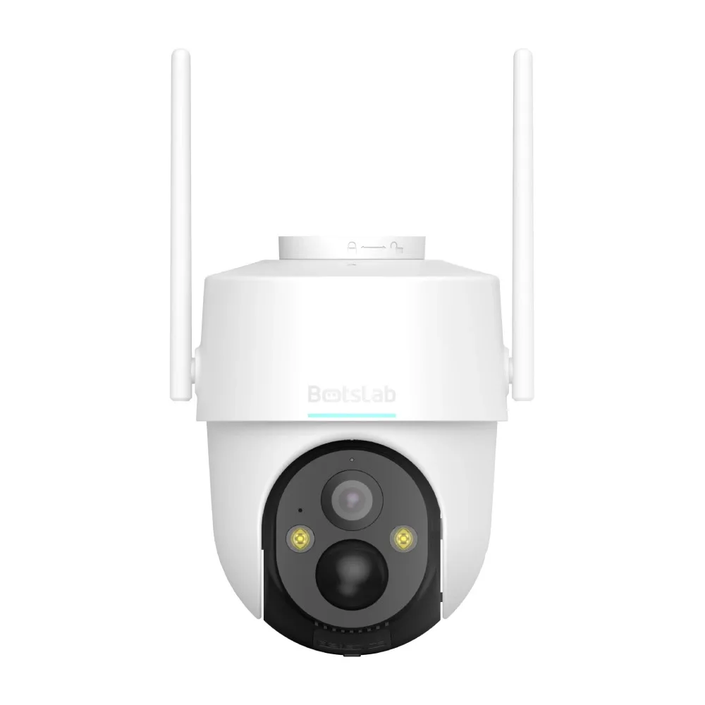 Botslab W313 pan-and-tilt battery camera in white, front view on a white background, showing the twin spotlights, the lens and the PIR sensor between its two antennas