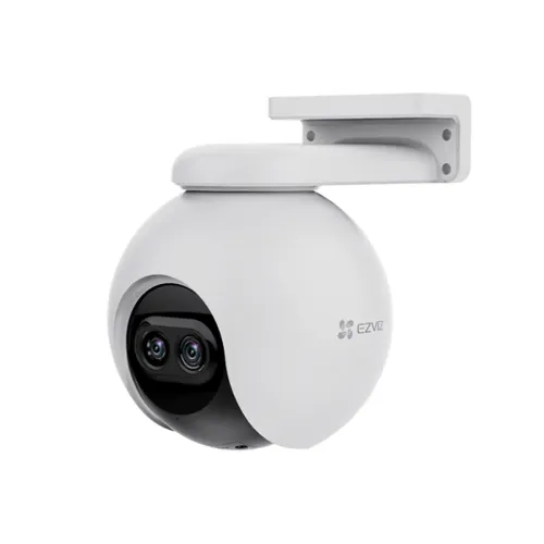 EZVIZ C8PF dual-lens outdoor pan-and-tilt camera in white on its wall bracket, front three-quarter view on a white background, the telephoto and wide-angle lenses side by side