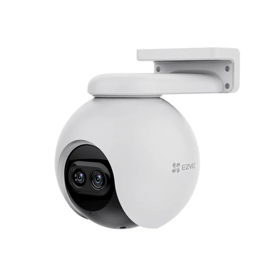 EZVIZ C8PF dual-lens outdoor pan-and-tilt camera in white on its wall bracket, front three-quarter view on a white background, the telephoto and wide-angle lenses side by side