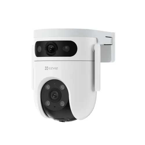 EZVIZ H9C 5+5MP dual-lens outdoor pan-and-tilt camera in white on its wall-arm bracket, front three-quarter view on a white background