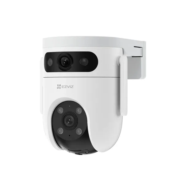 EZVIZ H9C 5+5MP dual-lens outdoor pan-and-tilt camera in white on its wall-arm bracket, front three-quarter view on a white background