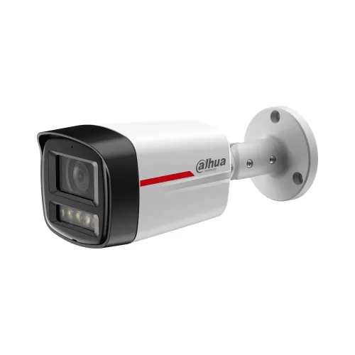 Dahua IPC-HFW2449TL-S-PRO 4MP WizColor bullet camera in white on its wall bracket, front three-quarter view on a white background, lens and dual warm-light illuminators visible