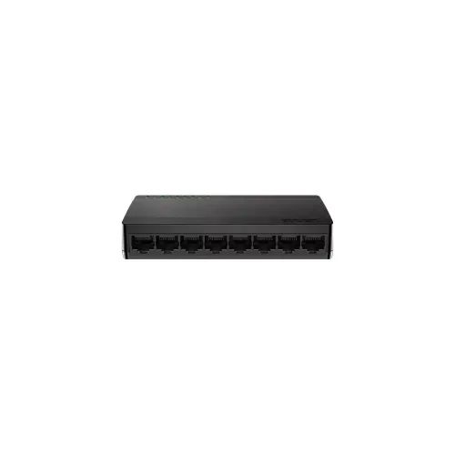 Tenda SG108M 8-port gigabit desktop Ethernet switch in black, photographed front-on on a white background with all eight RJ45 ports visible