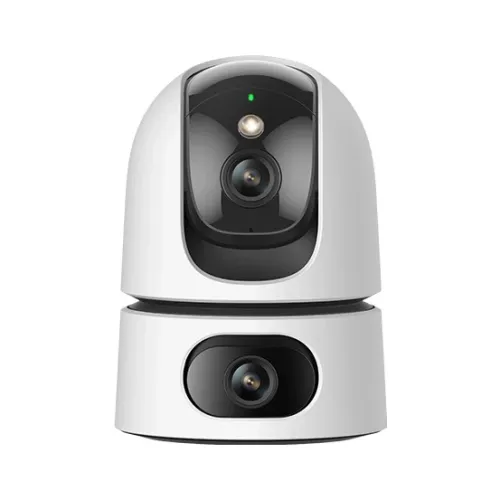 IMOU Ranger Dual pan-and-tilt Wi-Fi camera in white, front view on a white background, the motorised upper lens above the fixed lower lens