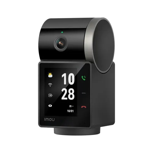 IMOU Rex VT 3K smart video phone camera in black, front three-quarter view on a white background showing the colour touchscreen below the camera lens