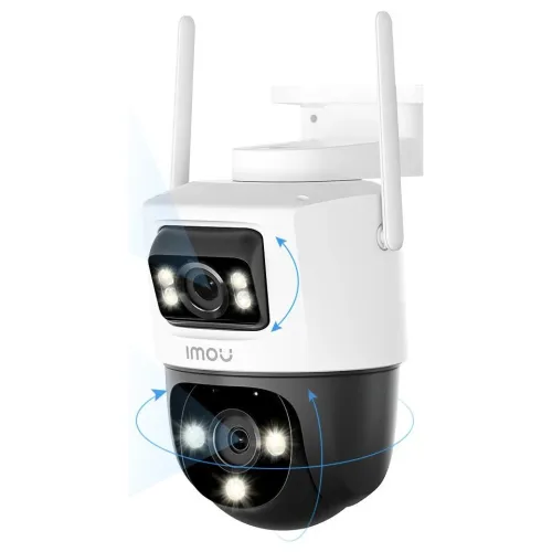IMOU Cruiser Dual dual-lens outdoor pan-and-tilt camera in white on its wall bracket, front view on a white background, both antennas raised