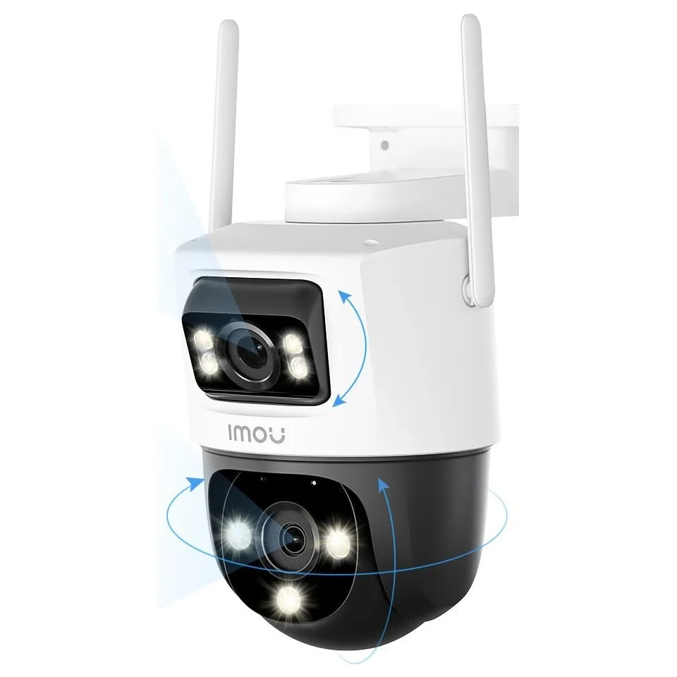 IMOU Cruiser Dual dual-lens outdoor pan-and-tilt camera in white on its wall bracket, front view on a white background, both antennas raised