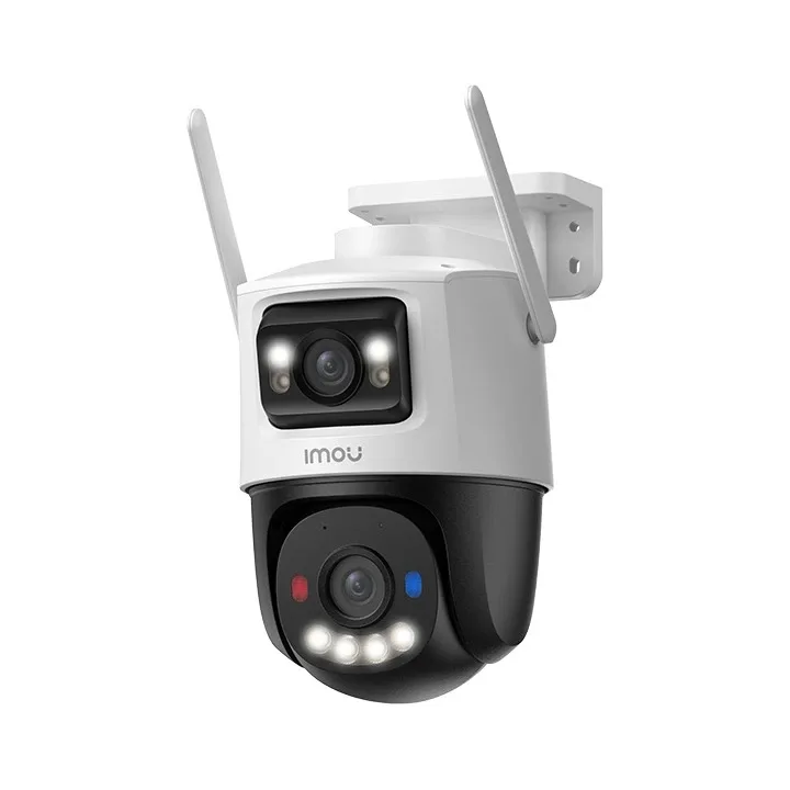 IMOU Cruiser Dual 2 Pro 4+4MP dual-lens outdoor camera in white on its wall bracket, front view on a white background showing both lenses and the spotlights