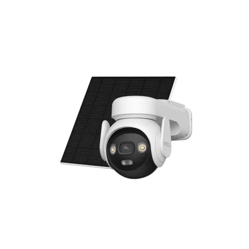 IMOU Cell 3C battery security camera in white beside its black solar panel, three-quarter view on a white background