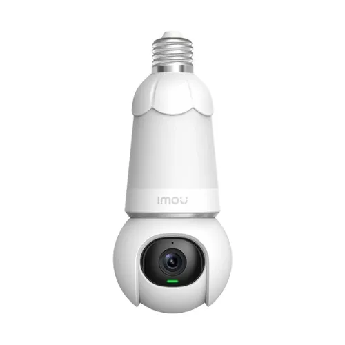 IMOU Bulb Cam 2-in-1 light and security camera, white E27 screw-fit body with the pan-and-tilt camera head below the lamp, front view on a white background