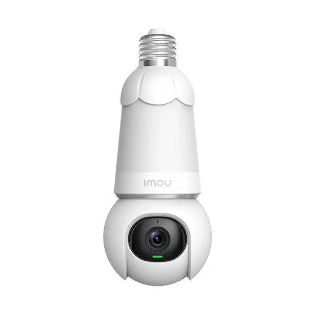 IMOU Bulb Cam 2-in-1 light and security camera, white E27 screw-fit body with the pan-and-tilt camera head below the lamp, front view on a white background