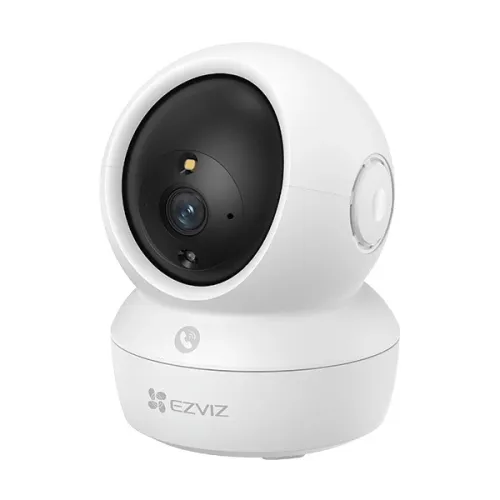 EZVIZ H6C PRO indoor pan-and-tilt smart camera in white, front view on a white background, the black lens face on its motorised ball head above the round base