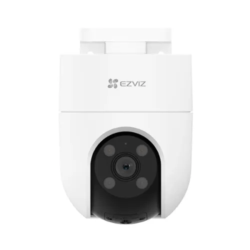 EZVIZ H8C 5MP outdoor pan-and-tilt camera in white on its bracket, front view on a white background showing the lens and the three spotlights