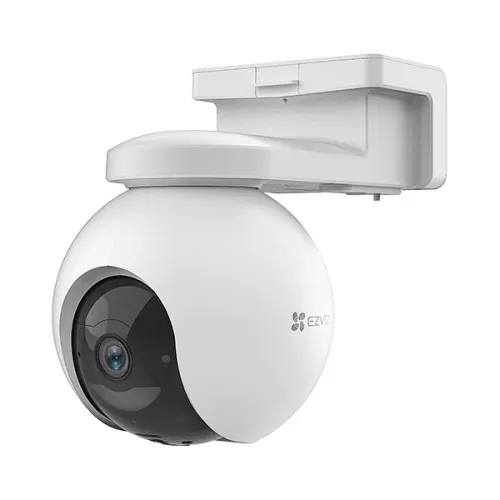 EZVIZ EB8 4G pan-and-tilt battery camera in white on its adjustable bracket, front three-quarter view on a white background