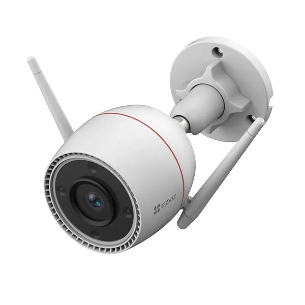 EZVIZ H3C 2K outdoor Wi-Fi camera in white with a red trim ring, side three-quarter view on a white background, antenna raised and wall bracket attached