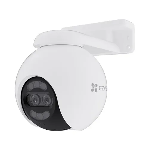 EZVIZ H80X 8MP dual-lens outdoor Wi-Fi camera in white on its wall bracket, front view on a white background, the two lenses side by side above the spotlights