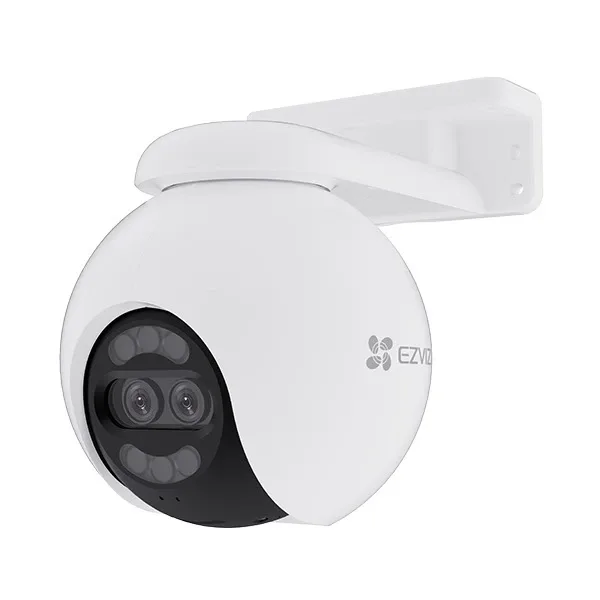 EZVIZ H80X 8MP dual-lens outdoor Wi-Fi camera in white on its wall bracket, front view on a white background, the two lenses side by side above the spotlights