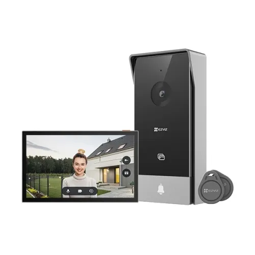 EZVIZ HP5 smart video doorphone kit on a white background: the indoor colour monitor beside the black outdoor door station and its RFID fobs